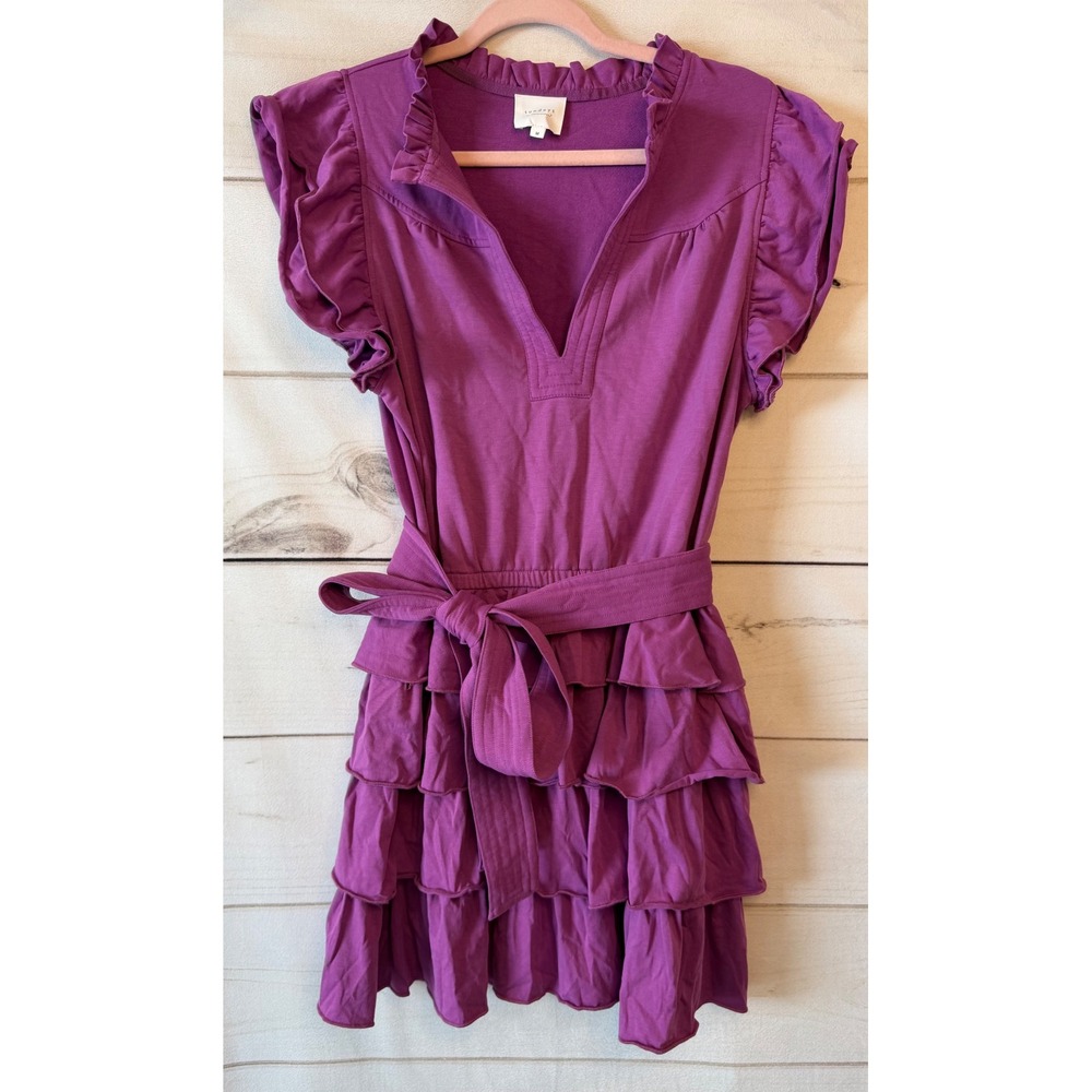 Sundays by We Are Sundays Purple Ruffle Tiered Mini Dress Magenta V-Neck Medium
